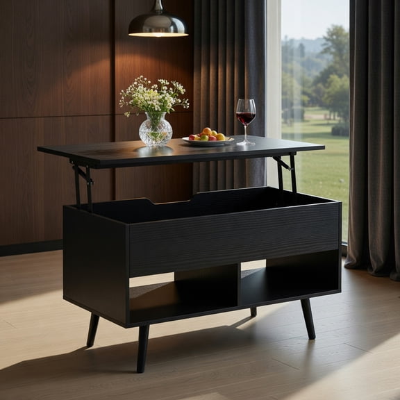 Spaco 31.5 Inch Lift Top Coffee Table with Hidden Compartment and 2 Storage Shelves-Black, Modern Coffee Table for Living Room Office Reception