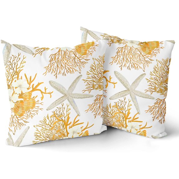 Nautical Coastal Throw Pillow Covers 18"x18" Set of 2 Beach Theme Orange Coral Starfish Pillow Cover Cotton Summer Couch Pillow Cases Outdoor Sofa Cushion Cover Modern Decor for Bed Living Room