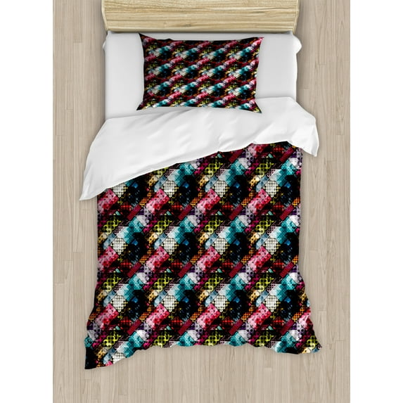 Abstract Duvet Cover Set Twin Size, Vibrant Rectangles Traditional Polka Dots Design Surrealism Inspired Geometric, Decorative 2 Piece Bedding Set with 1 Pillow Sham, Multicolor, by Ambesonne