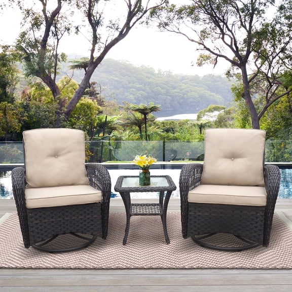 ATR ART TO REAL 3PCS Outdoor Wicker Rocker Chair Bistro Set with Cushions, Khaki