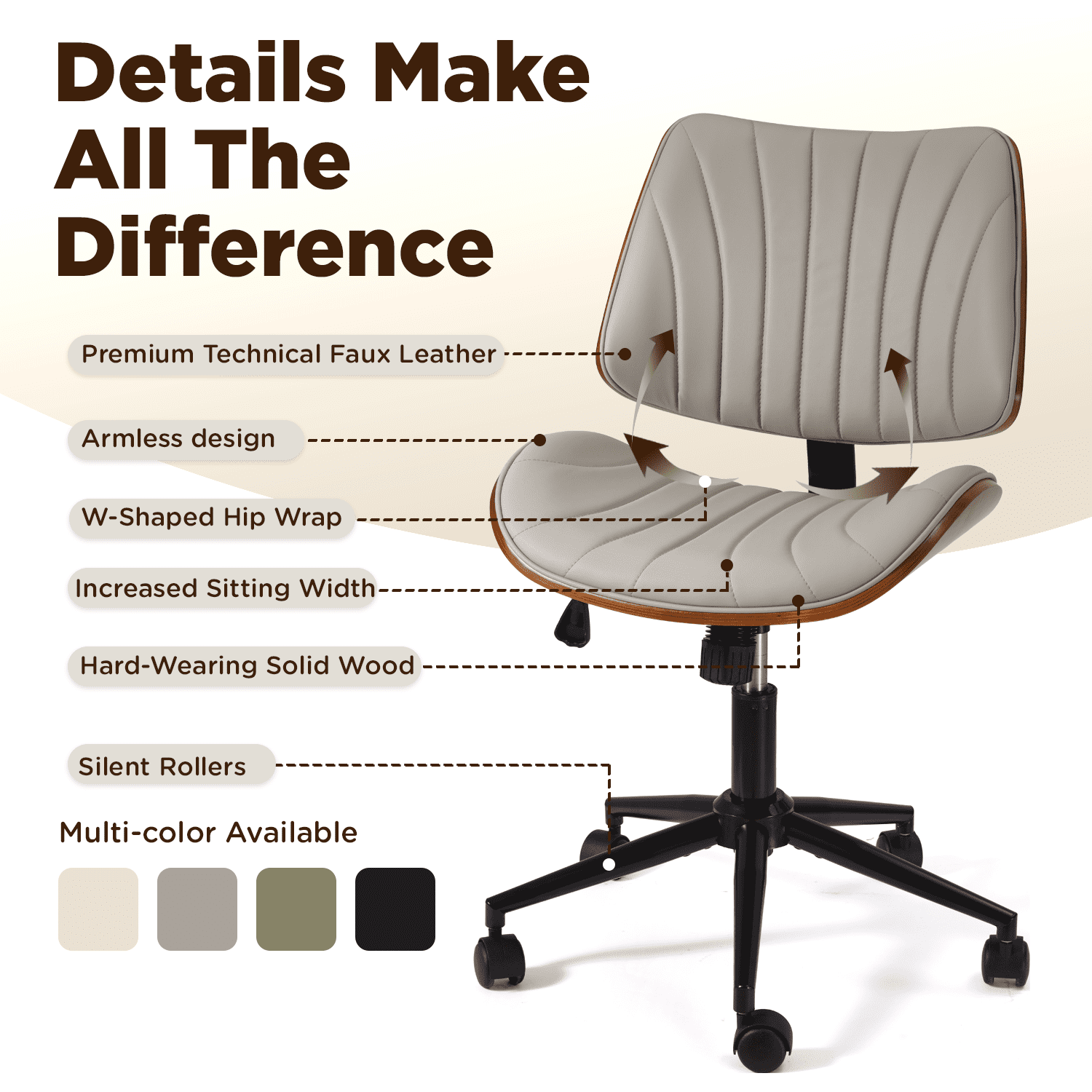 Erinnyees Wooden Office Desk Chair, Modern Armless Chairs, Armless, Adjustable Height, with Swivel Wheels for Small Spaces, Gray