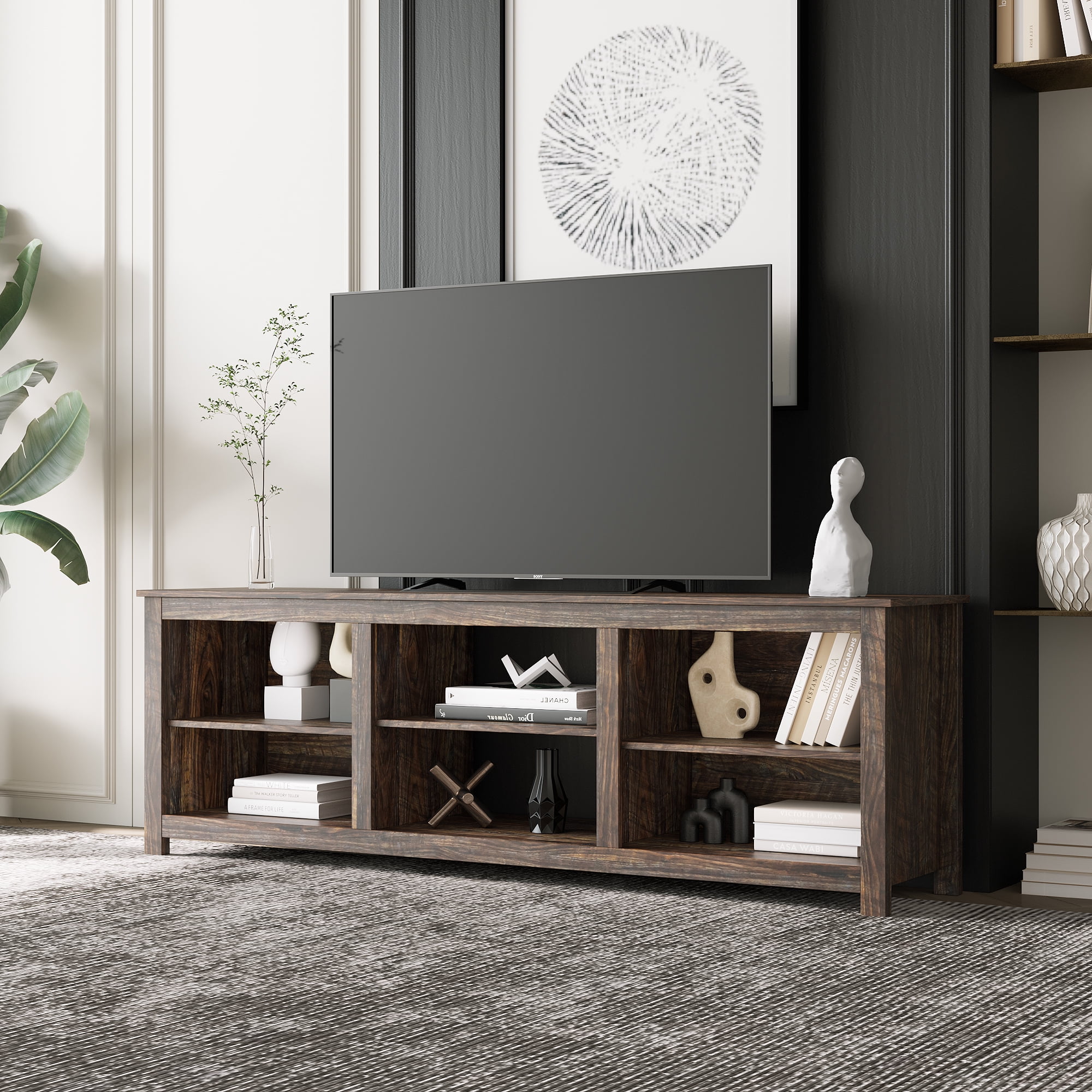 Kadyn MDF TV Cabinet for 70 inch TV, Heavy Duty TV Cabinet with 6 storage compartments and 1 shelf cabinet, Brown Farmhouse TV Console Table