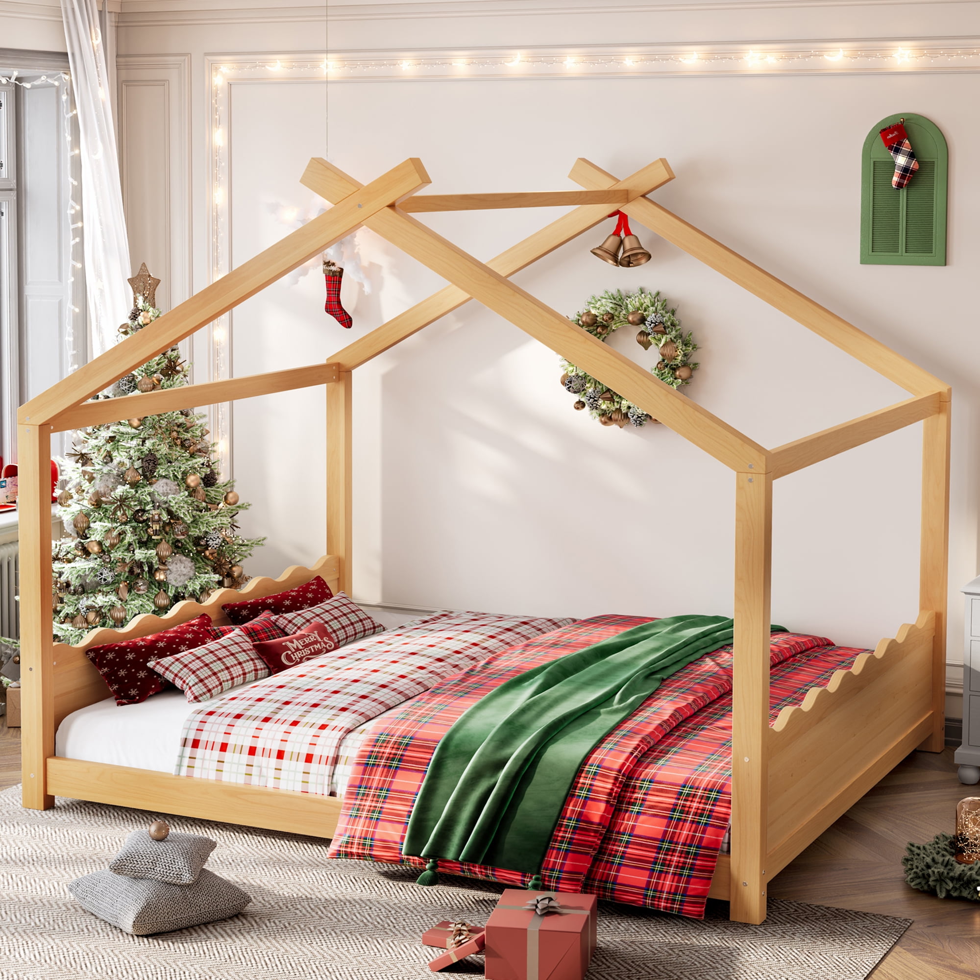 Yoneston Queen House Floor Bed with Roof, Solid Wood Platform Bed Frame with Opening Constructure for Kids, No Box Spring Needed, Natural