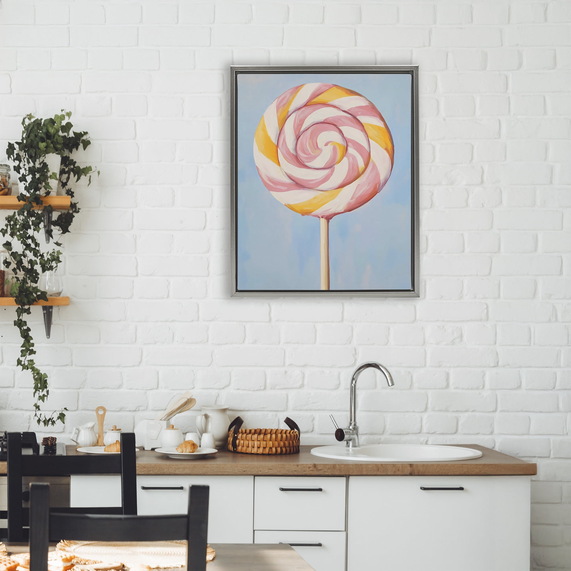 Stupell Industries Lollipop with Pink & Orange Swirl Gray Framed Floater Canvas Wall Art, design by The Prints Vibe