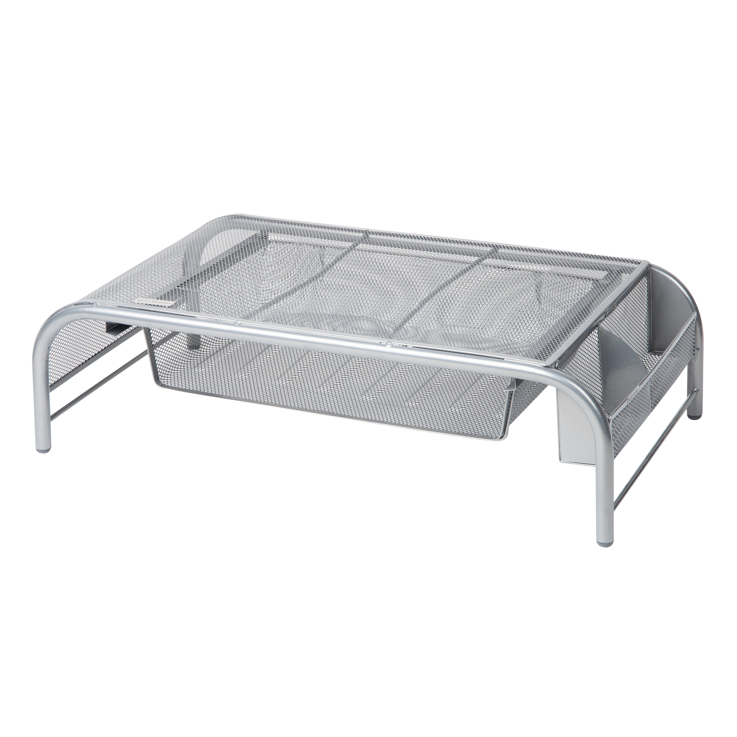 Mind Reader Monitor Stand, Ventilated Laptop Riser, Paper Tray, Storage, Office, Metal, Silver