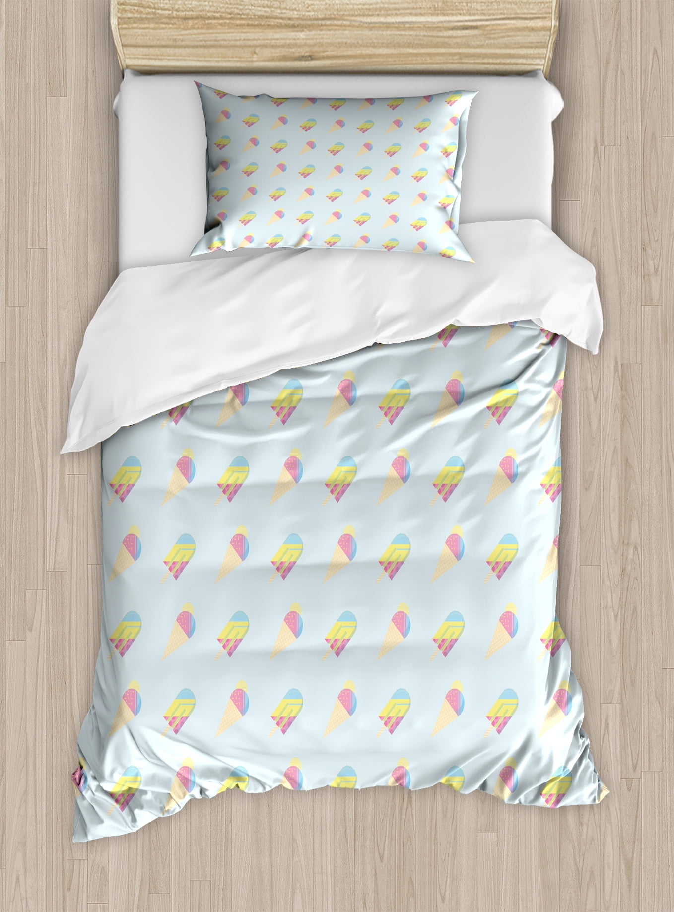 Ice Cream Twin Size Duvet Cover Set, Pastel Colored Hipster Pattern