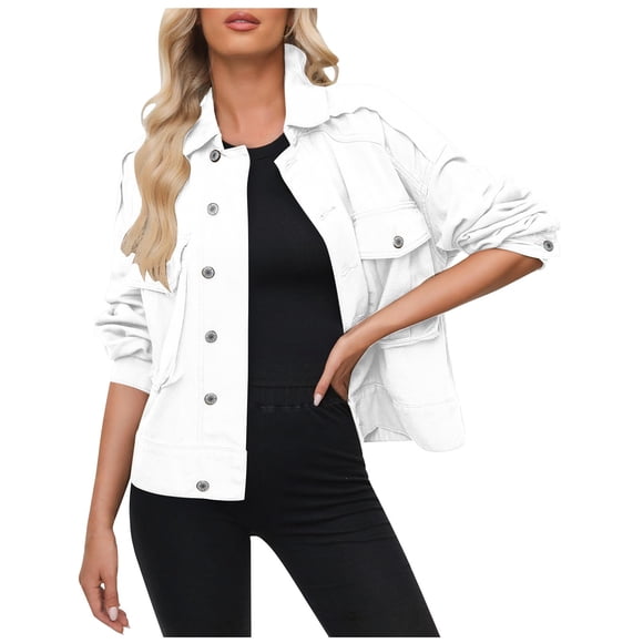 Women Denim Shirt Jacket Women's 2024 Fashion Short Button Workwear Denim Jacket Coat Long Sleeve Hoodless Denim Coat/Jacket S-149 White XXL