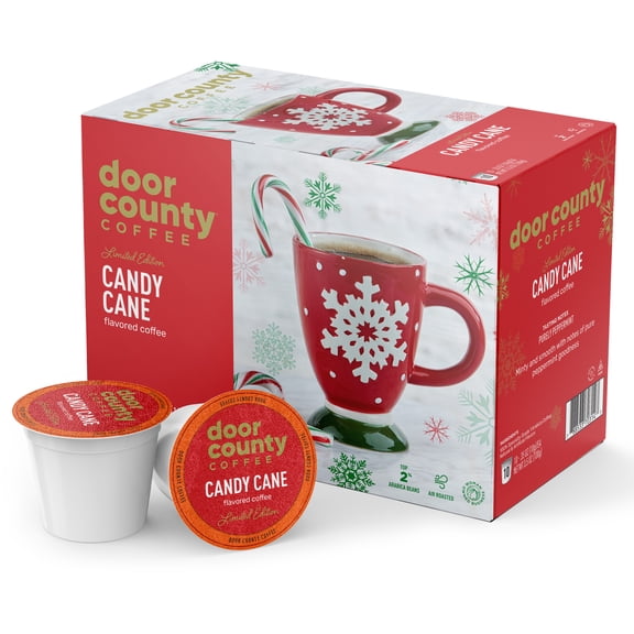 Door County Coffee Candy Cane, Candy Cane Flavored Specialty Arabica K Cup/Single-Serve Coffee Pods, Medium Roast, 10 Ct Box, Compatible with all Keurig K Cup Brewers (Holiday Limited Edition)