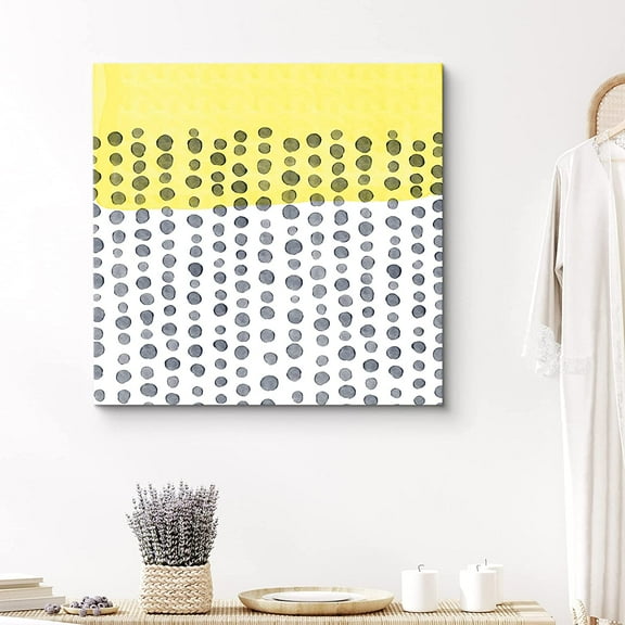 PixonSign Canvas Print Wall Art Black Dots Over Yellow Color Field Geometric Shapes Illustrations Modern Art Modern Colorful Multicolor Pastel for Living Room, Bedroom, Office - 24x24 inches