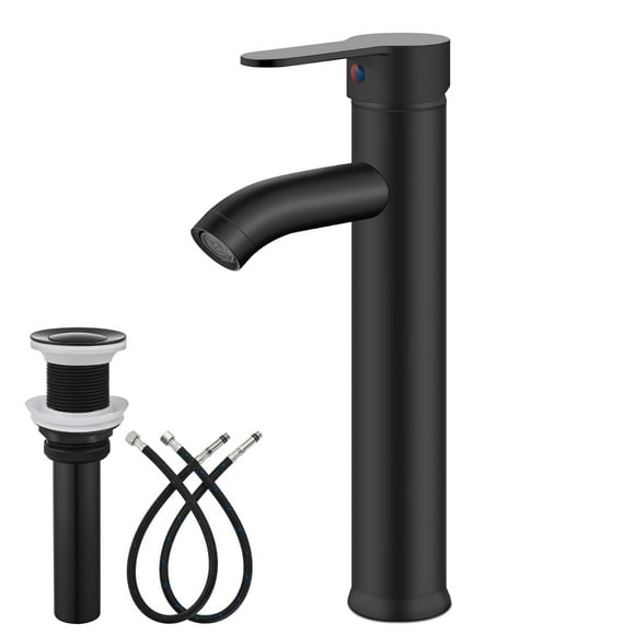 gotonovo Robinet de Lavabo à Poignée Unique, Robinet de Salle de Bain Haut, Montage sur un Trou, Mitigeur Moderne avec Lignes d'Alimentation en Eau et Drain en Métal, Noir Mat