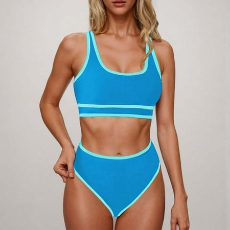 OWMEOT Women s High Waisted Bikini Sets White Rim Sporty Two Piece Swimsuits Color Block Cheeky High Cut Bathing Suits for Beach Volleyball