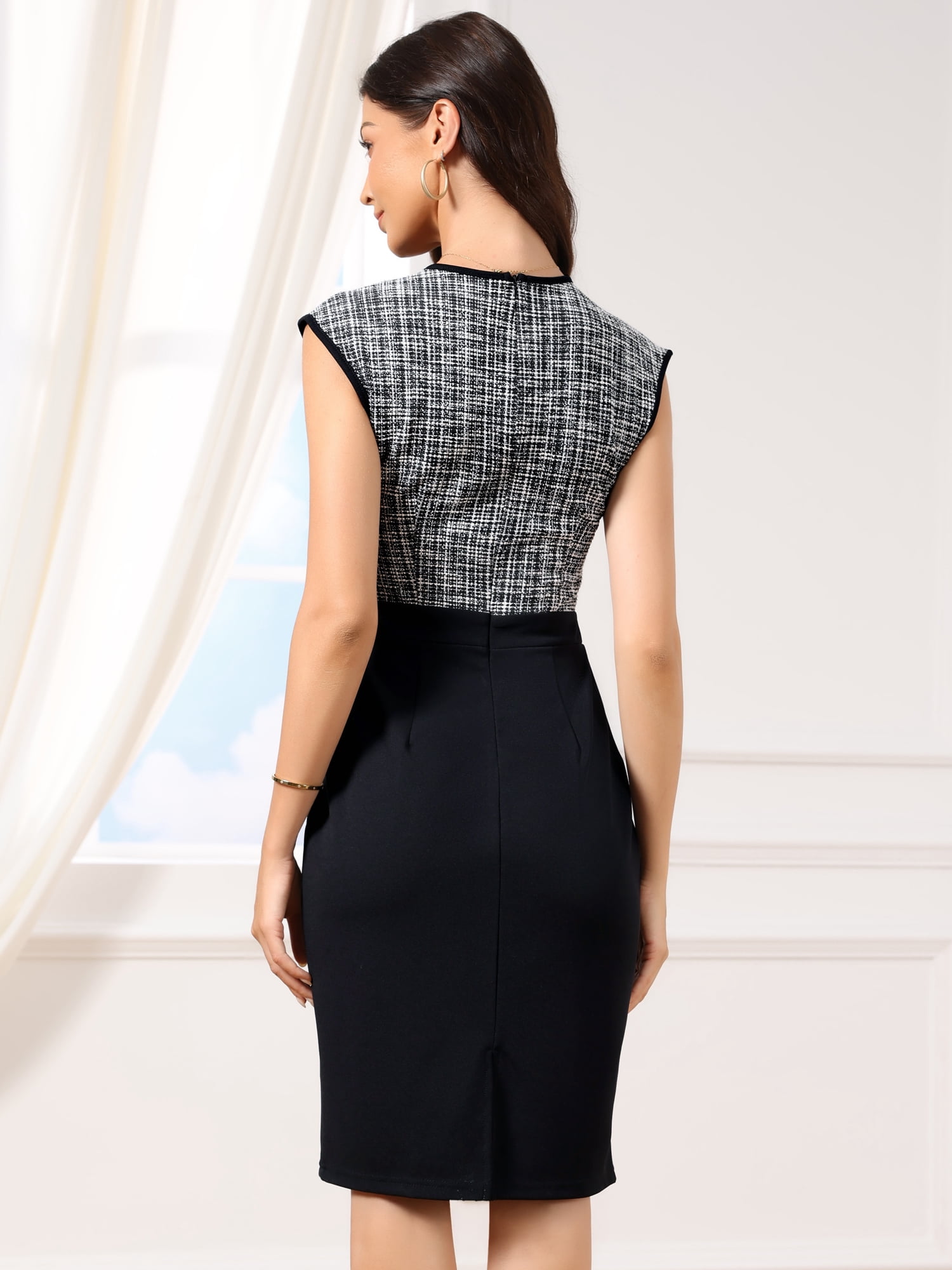 DARING DIVA Women's Tweed Patchwork Crew Neck Office Bodycon Midi Dresses M Black
