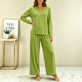 thumbnail image 6 of Women's V-Neck Loungewear Two Piece Set Loose Long Sleeve Top and Straight Leg Full Length Pants Soft Breathable Casual Pajama Set Green, 6 of 7