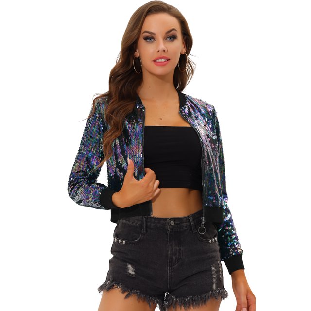 Disfraz de navidad Allegra K Top de lentejuelas brillante para mujer chaqueta de bombardero negro XL