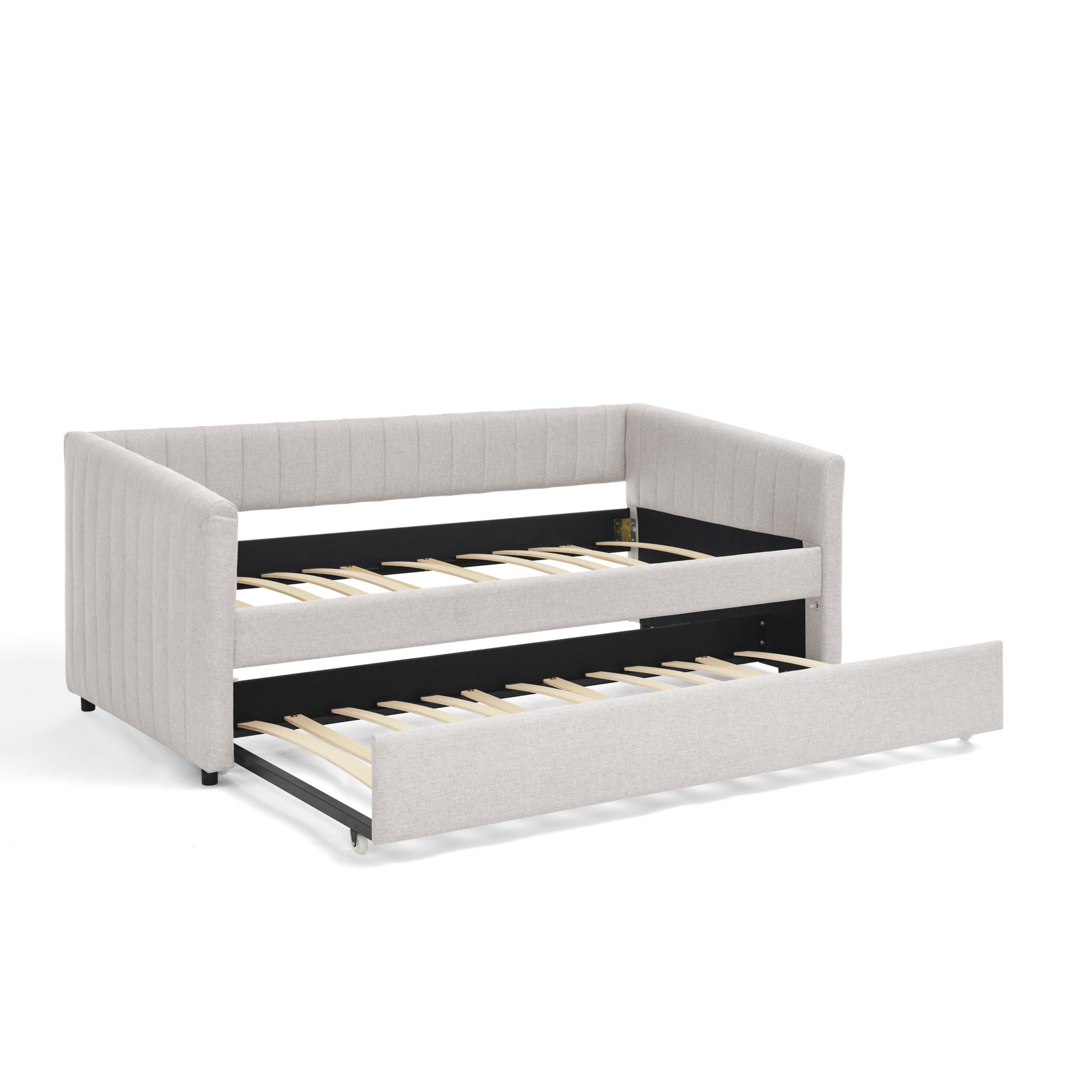 Noble House Marcel Twin-Size Daybed, Vertical Striped Breathable Linen Upholstered Sofa Bed with Hidden Trundle, Beige