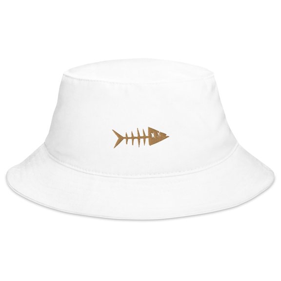 Clishirt Adult Unisex Embroidered Old Gold Fish Cotton White Bucket Hat