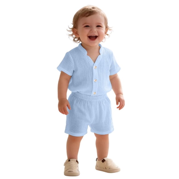 XAOFW Toddler Boys Girls Outfits Short Sleeve Solid Color Button Down Tops And Shorts 2 Piece Casual Sets Versatile Clothes Sets 9-12 Months