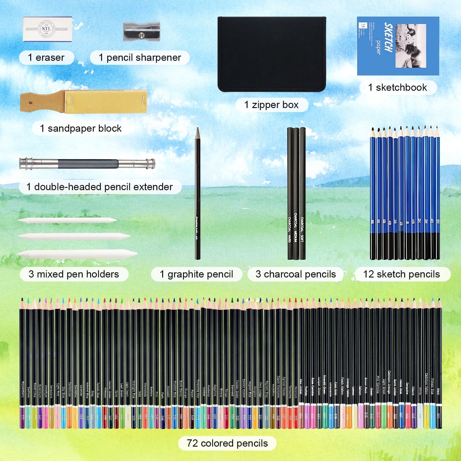 Qoosea Art Supplies 96 Pcs Drawing Kit for Artist Adult Kids,Drawing Pencils Kit,Sketching Set,Include Charcoal & Colored Pencil,Graphite Pencil,Sketchbook
