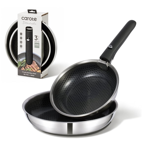 CAROTE 3 Piece Detachable Non-Stick Stainless Steel Frying Pan Set, Hybrid Ceramic Coating, Induction Compatible, Black