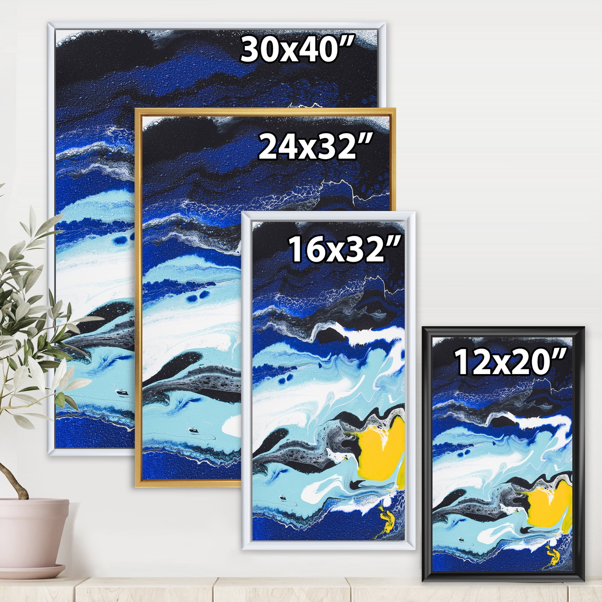 Designart 'Abstract Composition In Blue and Yellow VIII' Modern Framed Canvas Wall Art Print