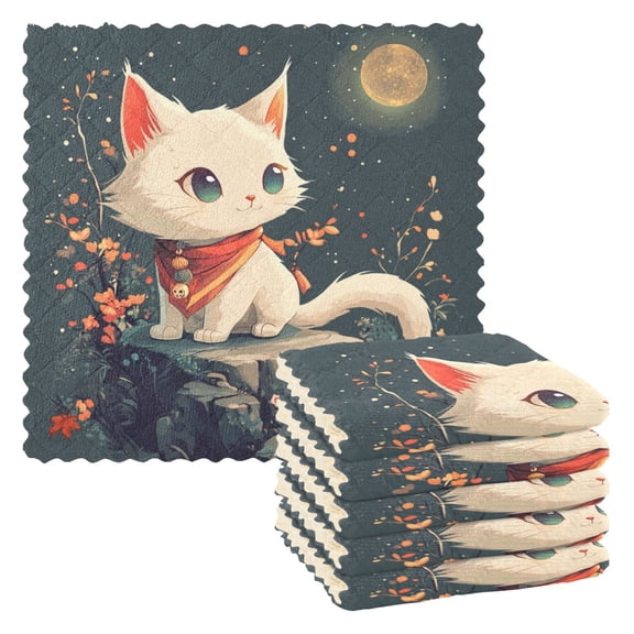 6 Pieces of Kitchen Towels 11x11Inch Kitchen Dish Cloths Kitchen Dish Towels Reuseable Cleaning Cloths Moon Cat