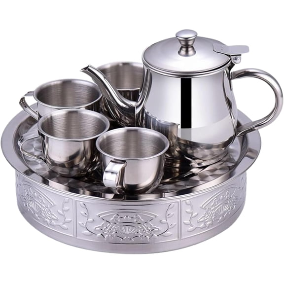 ABPETE Small Stainless Steel Tea Set with 330ml Teapot, 4 Cups & Tray, Children's Tea Set, Complete Set of Drop Resistant Stainless Steel Tea Set