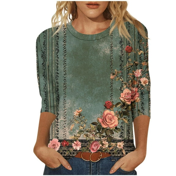 Inleife New Arrivals Fashion Women's Printed Blouses Three-Quarter Sleeve T-Shirt Round-Neck Top