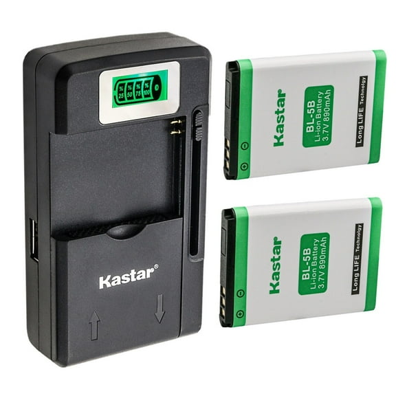 Kastar 2-Pack BL-5B Battery and Smart LCD Charger Replacement for Nok 6070, 6080, 6101, 6120 Classic, 6121 classic, 6124 classic, 6230, 7260, 7360, N80, N80 Internet Edition, N83, N90