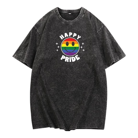 Vintage Print T shirt “HAPPY PRIDE” Rainbow Smile Graphic Tops, Crew Neck Short Sleeve Tee Plus Size（S-XXL)