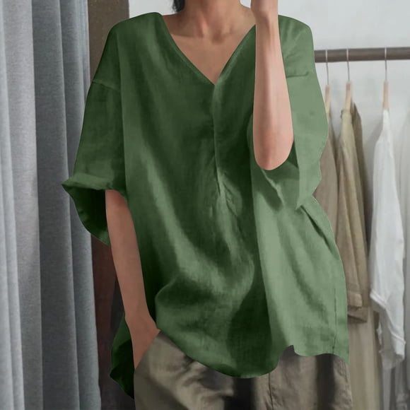 Sijiajgjfu 3/4 Length Sleeve Women Tops Crew Neck Blouses Dressy Casual Solid Color Button Down T Shirts Loose Fit Business Work Clothes