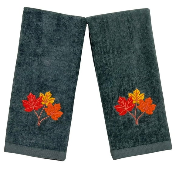 Harvest Fall Hand Towels: Plush Dark Grey Gray Cotton Towels with Autumn Leaf Design Set of 2 16"" x 25"" Inch