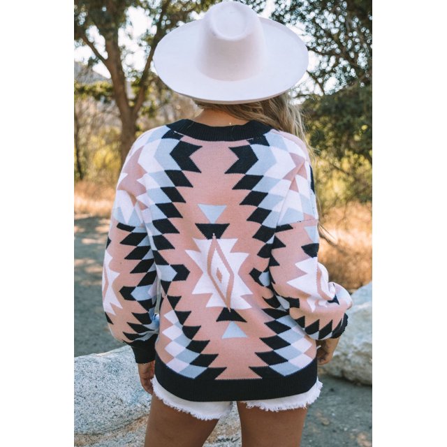 ABPHQTO Cárdigan de mujer rosa oversize con botones aztecas en la parte delantera