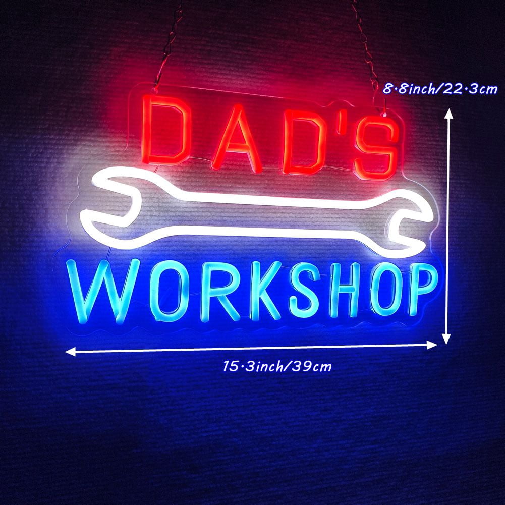 Dad's Workshop Neon Sign,Garage Car Signs neon Light for Man Cave Auto Repair Shop Workshop Birthday Father Gift Decor