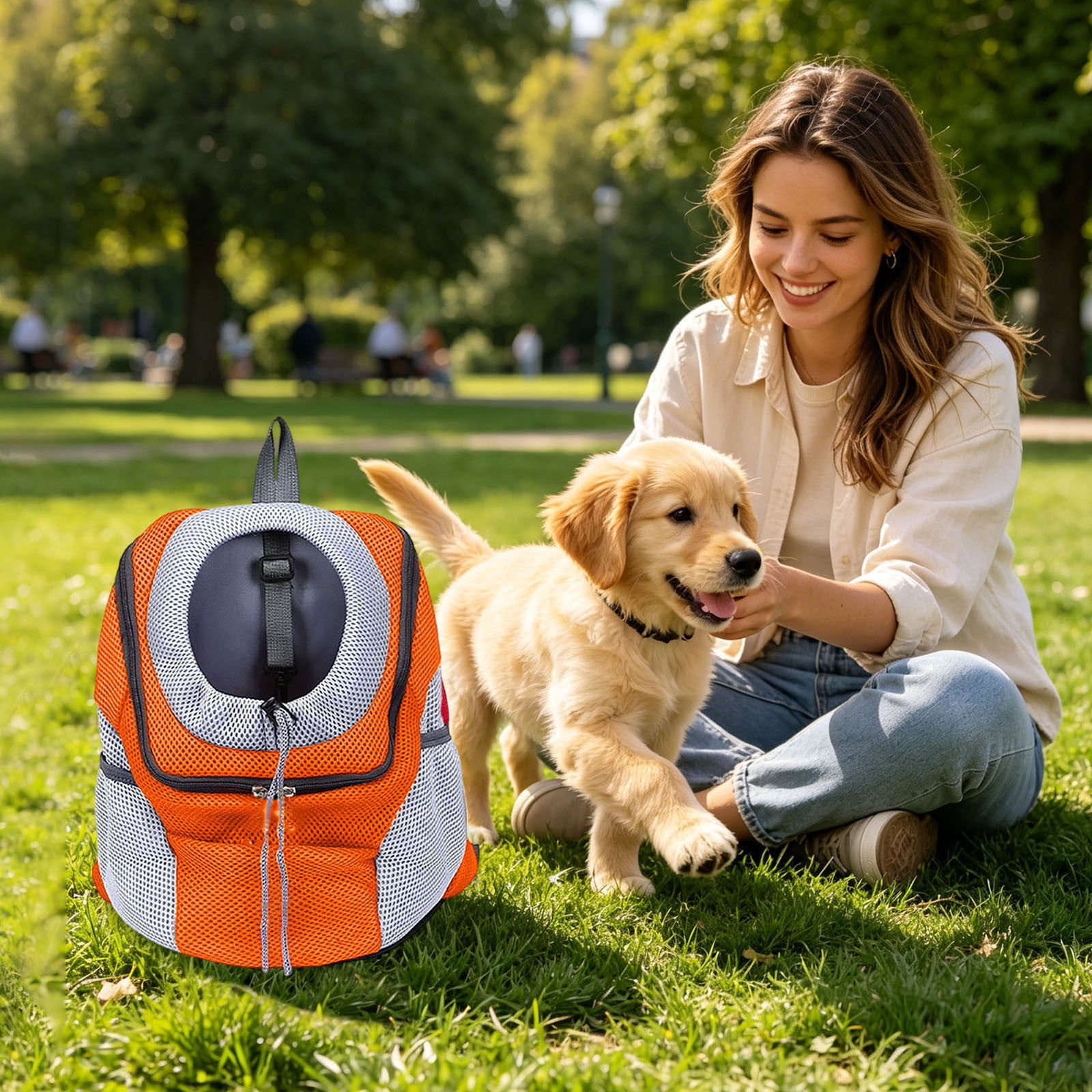 Breathable Pet Carrier Backpack, Head-Out Design Adjustable Dog Cat Backpack with Safety Belt, Mesh Ventilated Travel Backpack with Side Storage Pockets for Small Dogs Cats Outdoor Hiking(Orange,L)
