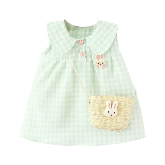 Odeerbi 6 M-4 Y Infant Toddler Girls Summer Cute Bunny Plaid Tank Dress with Matching Bag Casual Peter Pan Collar A-Line Sun Dress