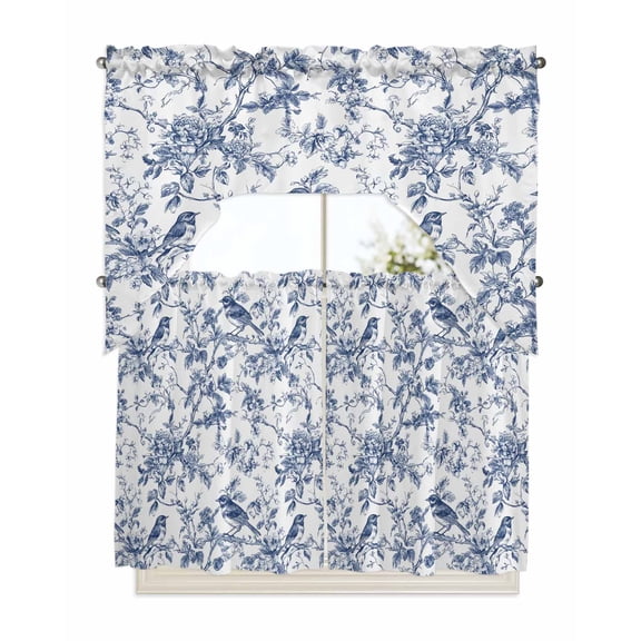 Blue Botanical Kitchen Curtain and Valance Set 3 Pieces, Rod Pocket Short Tier Curtains 36 Inch Length, Vintage Botanical Birds Swag Topper Small Window Treatment for Cafe Bathroom Bedroom