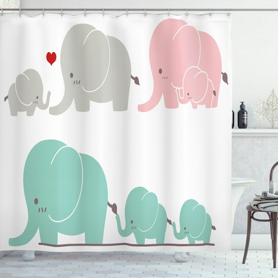Ambesonne Cartoon Shower Curtain, Family Love Theme, 69"Wx70"L, Pale Pink Seafoam Grey