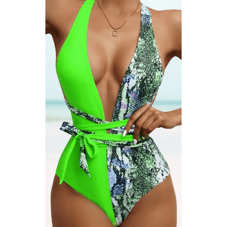 Meloria Swim and Fashion Neon Green Color Snake Skin Patchwork Backless Lace-Up Deep V-Neck Sexy One-Piece Swimsuit