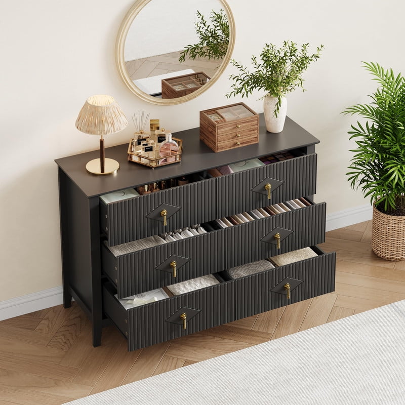 TROPOW Fluted 6 Drawers Dresser for Bedroom, 47.2" Wide Modern Chest of Drawers with Metal Handle, Wooden Dresser Organizer for Bedroom, Living Room, Hallway, Entryway