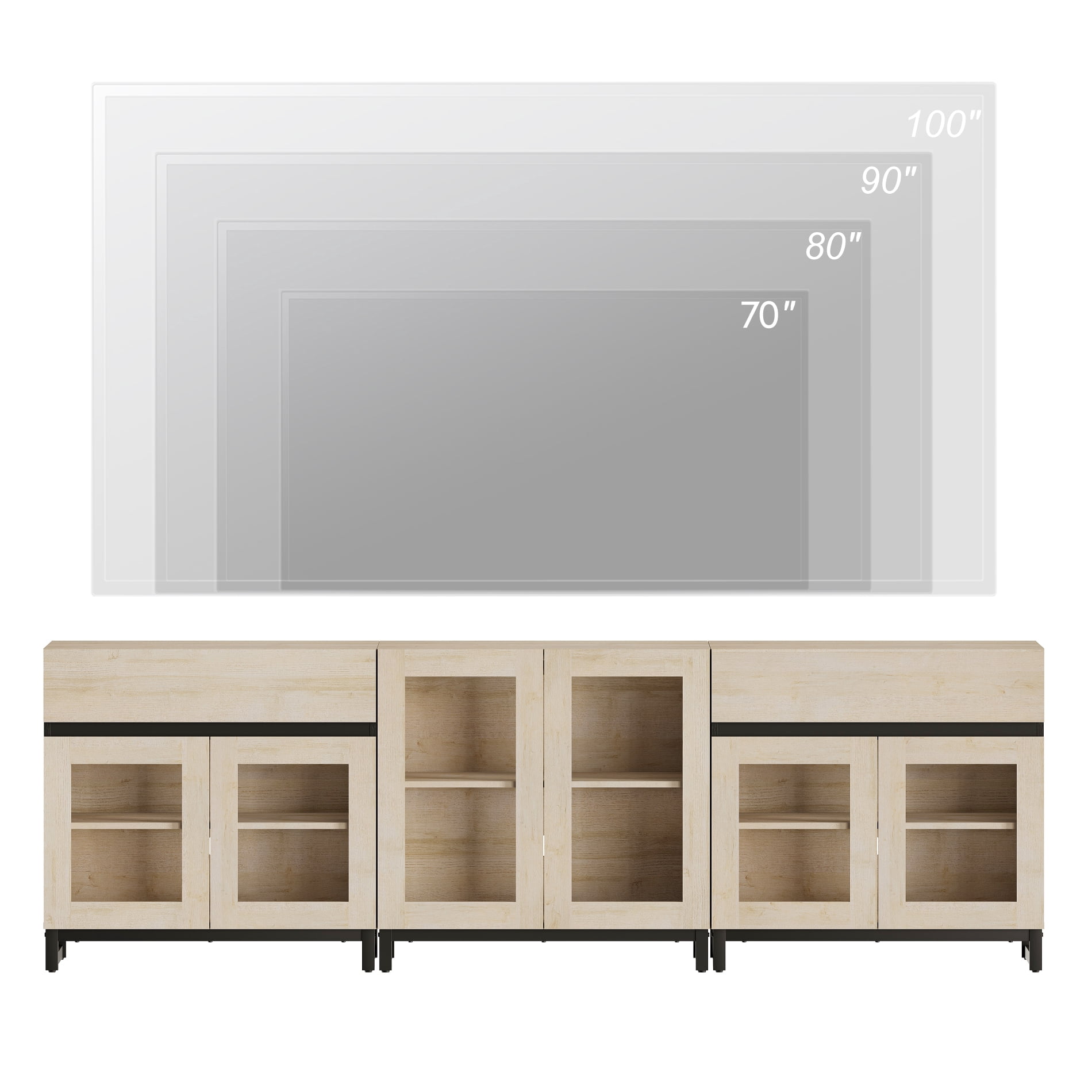 3 In 1 TV Stand For Tvs Up To 100 Inch, Modern Entertainment Center With Glass Doors And Metal Legs, TV Console With Adjustable Shelf For Living Room, Bedroom,Beige