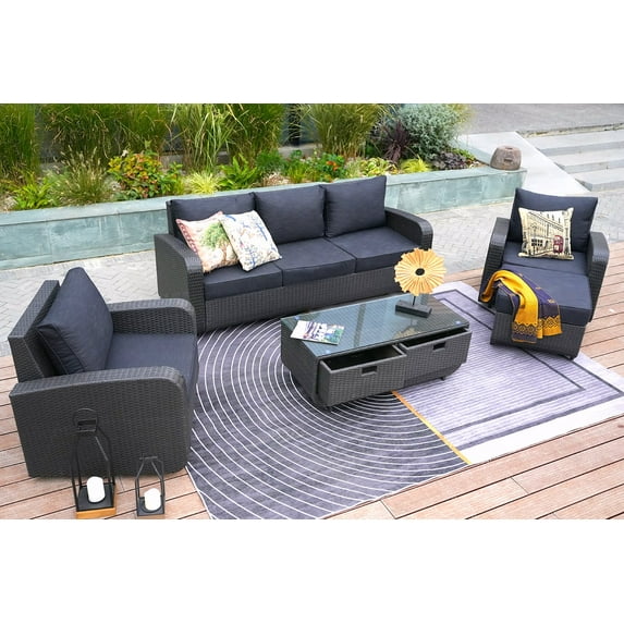 5-Piece Patio Furniture Set Outdoor Wicker Sectional Conversation Sofa with Black Cushions