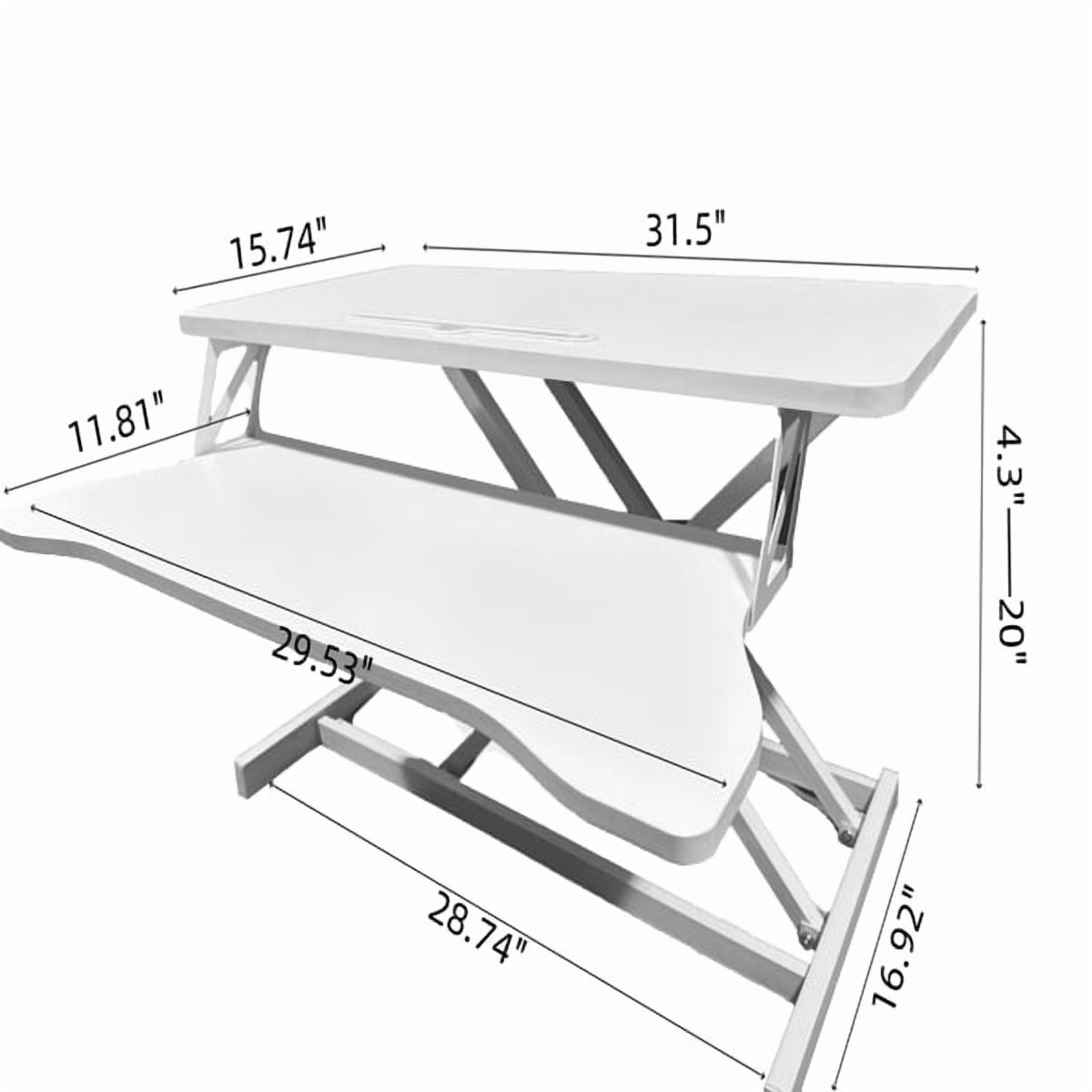 32 inch office desk converter, height adjustable sit stand lifter, dual monitor and laptop workstation, bandwidth keyboard stand, white