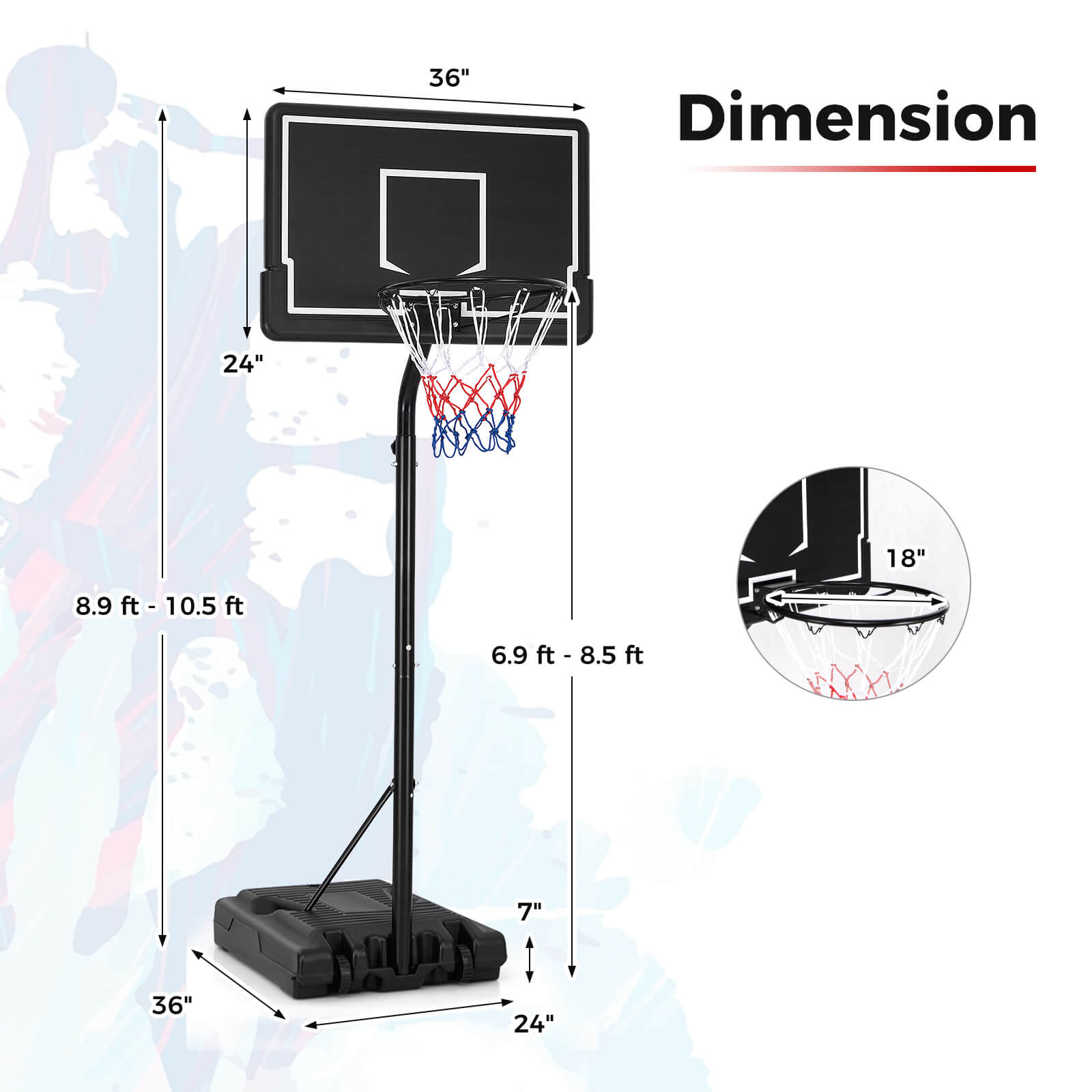 Infans 6.9-8.5 FT Portable Outdoor Basketball Hoop w/ Shatterproof PC Backboard