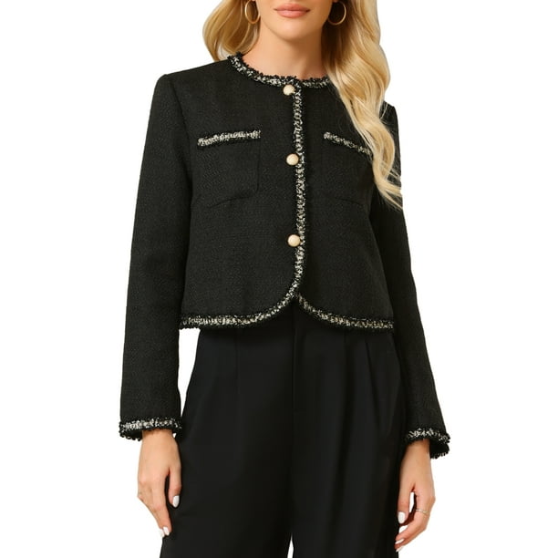 BLAZER DE TWEED PARA MUJER INSPIRE CHIC DE MANGA LARGA 2024 OTOÑO INVIERNO ELEGANTE CHAQUETA CORTA 2XL NEGRO