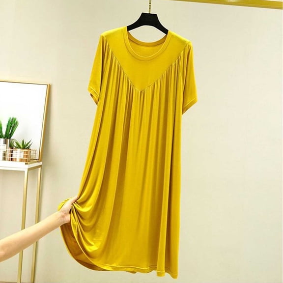 ZyeKqe Womens Short Sleeve Nightgown Chest Pleated Crewneck Loose Comfy Casual Loungewear Sleep Shirts Midi Dress