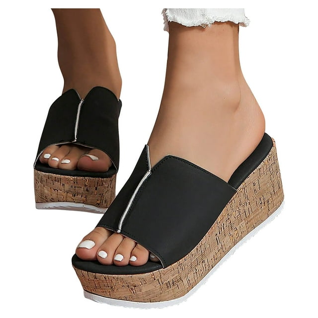 Corkys Wedges for Women Platform Slide Split Joint Open Toe Thick Sole Leather Beach Summer Slide Sandals Black