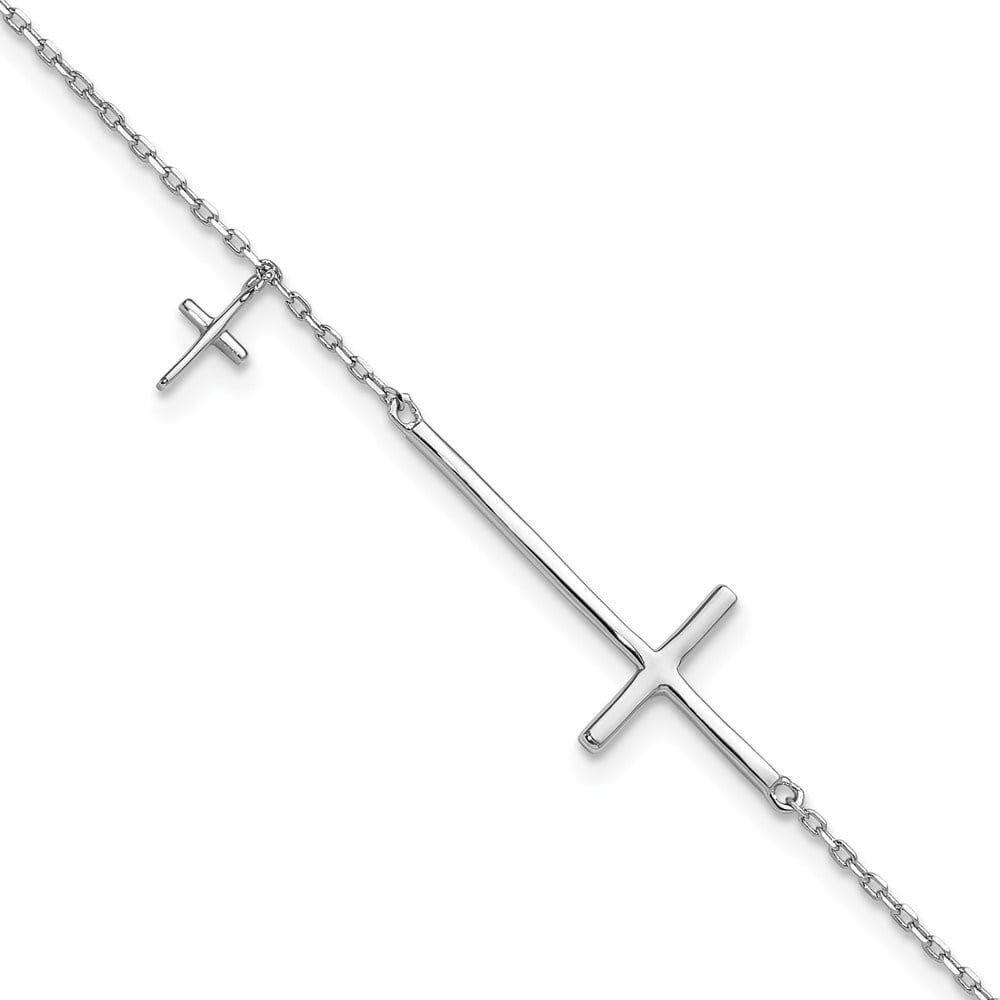 Diamond2Deal 925 Sterling Silver Rhodium-plated Sideways Cross with 1" ext. Cable Chain Bracelet for Men 8"