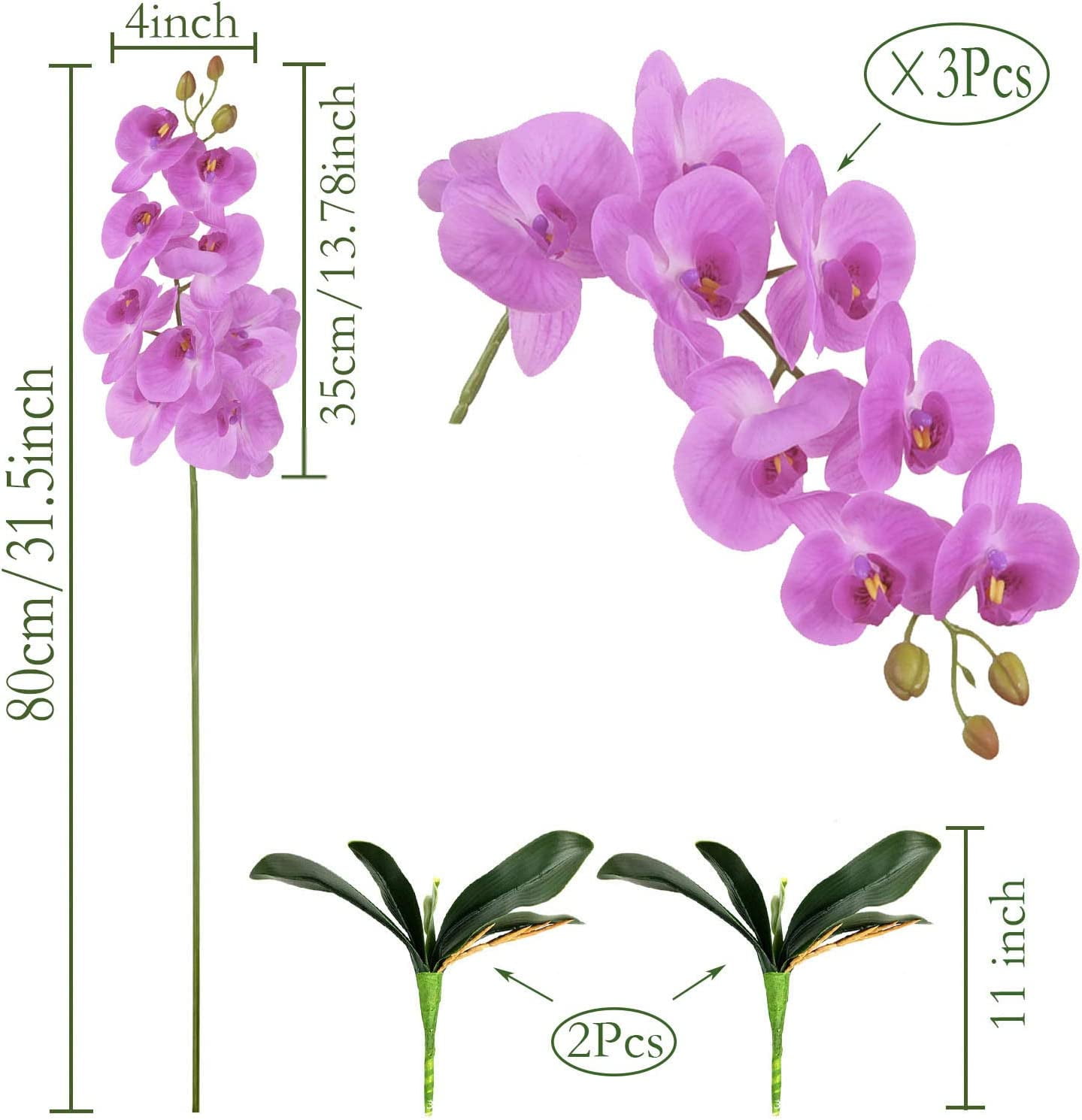 3Artificial Silk Phalaenopsis Flowers with Leaves Artificial Orchid Flowers Stem Plants in Fake Butterfly Phalaenopsis Flowers for Home Wedding Party Décor (White)