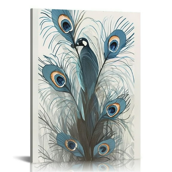 Acheng  Large Peacock Feathers Canvas Wall Art Prints Blue and Grey Abstract Animal Artwork Wall Decor for Living Room Bedroom Home Decor Ready to Hang   12x16 in