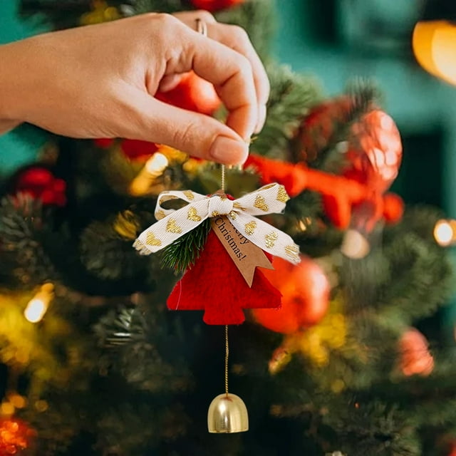 Christmas Tree Hanging Bells Pendant | Doorbell Decoration | Lint & Metal Wind Chime | Decorative Ribbon & Bow | Multi-Scene Use | White Coffee Red | Festive Ornament